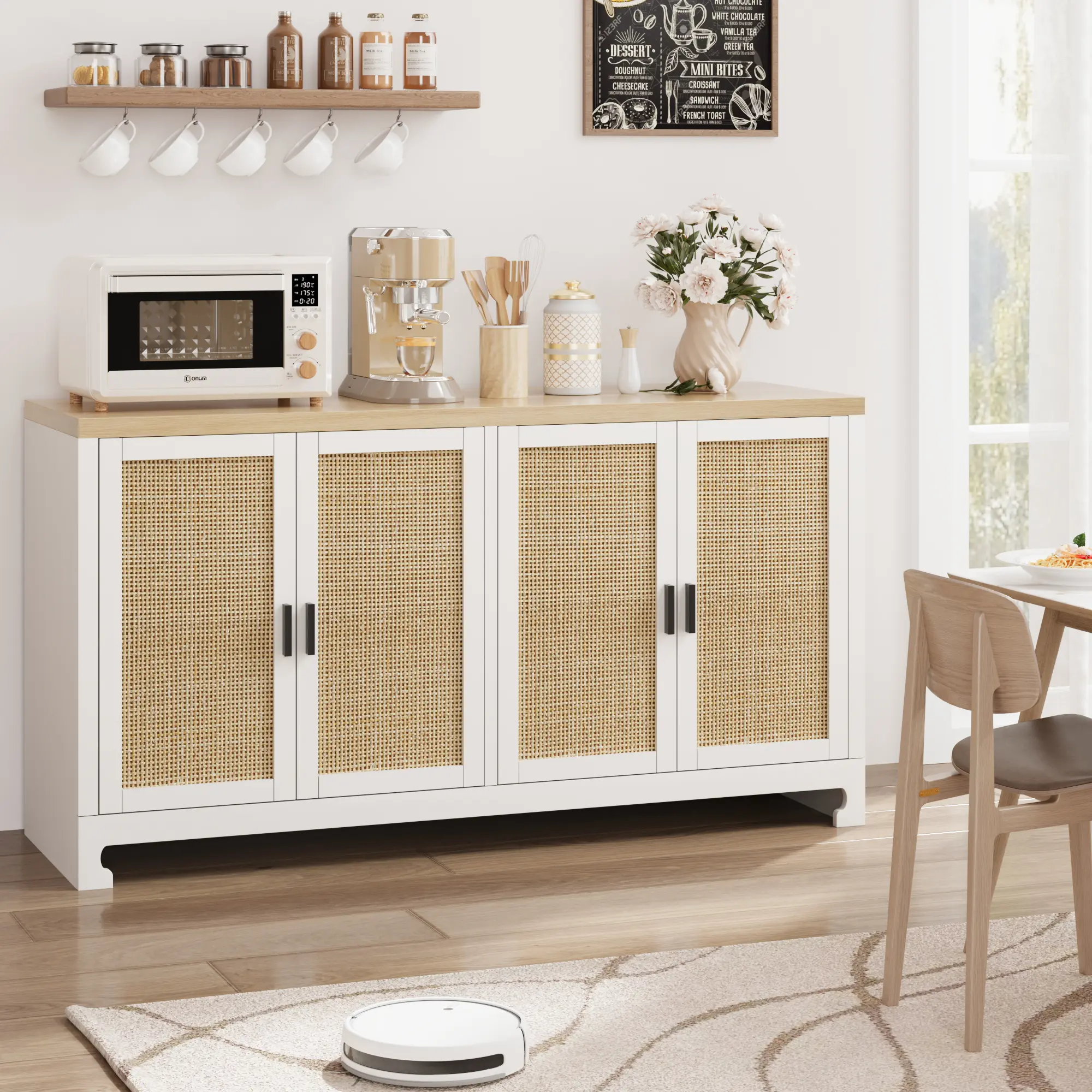 Modern Rattan Buffet Sideboard Cabinet – 4 Door Storage Console Table with Shelf – Multi-Functional Entryway Organizer for Living Room, Dining Room or Hallway – White
