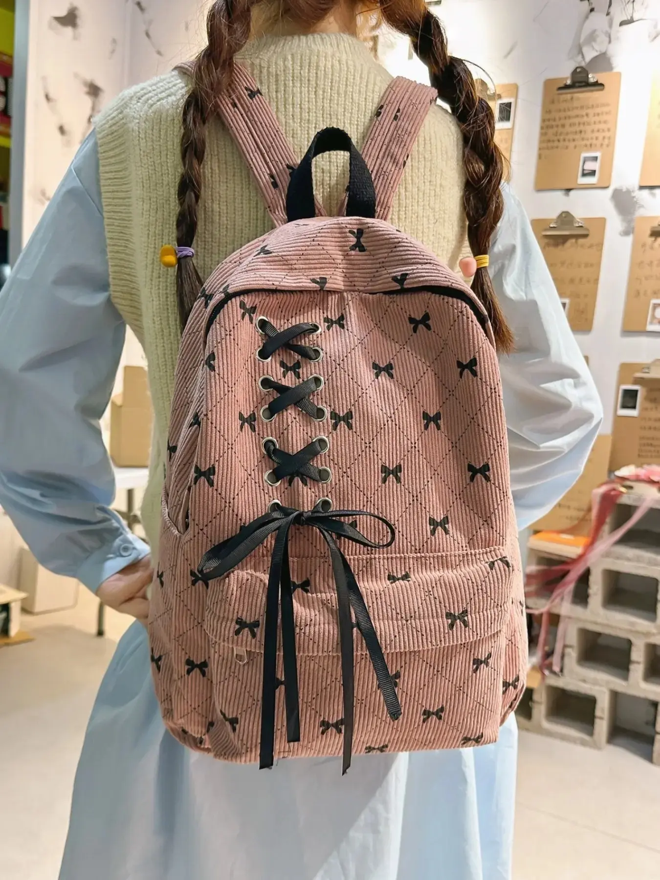 2026 New Korean Style Bow Backpack, Cute Cartoon Design, Large Capacity Backpack for School, Corduroy Material, All Seasons Use