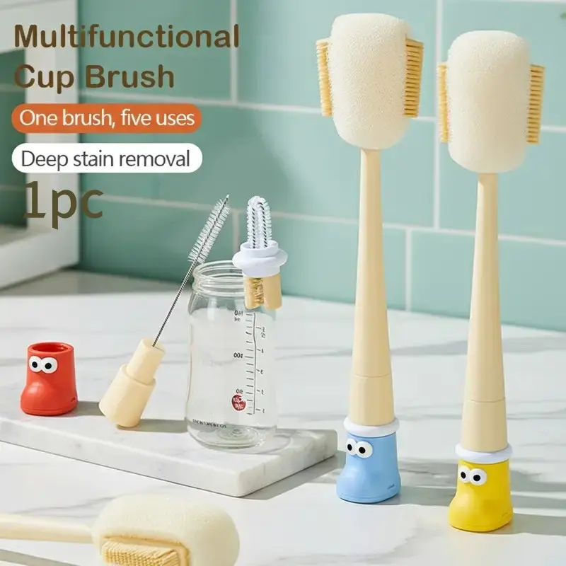 Five-In-One Multi-Functional Cup Brush Set, Food Grade Silicone and Sponge Brushes, Ideal for Bottles, Cups, Straws, Home Cleaning Tools