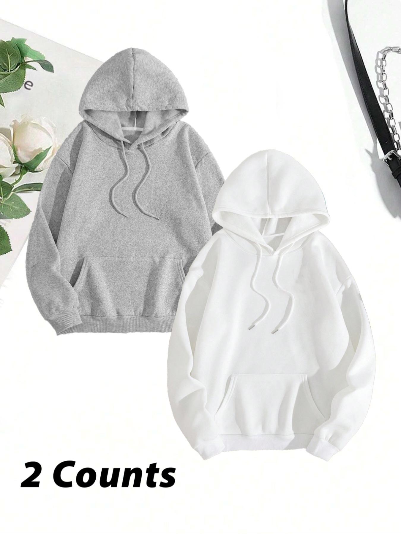 Women's Solid Color Drawstring Pocket Hoodie, Casual Minimalist Loose Basic Knit Long Sleeve Hooded Sweatshirt for Fall & Winter, Women's Clothes for Daily Wear, Womenswear
