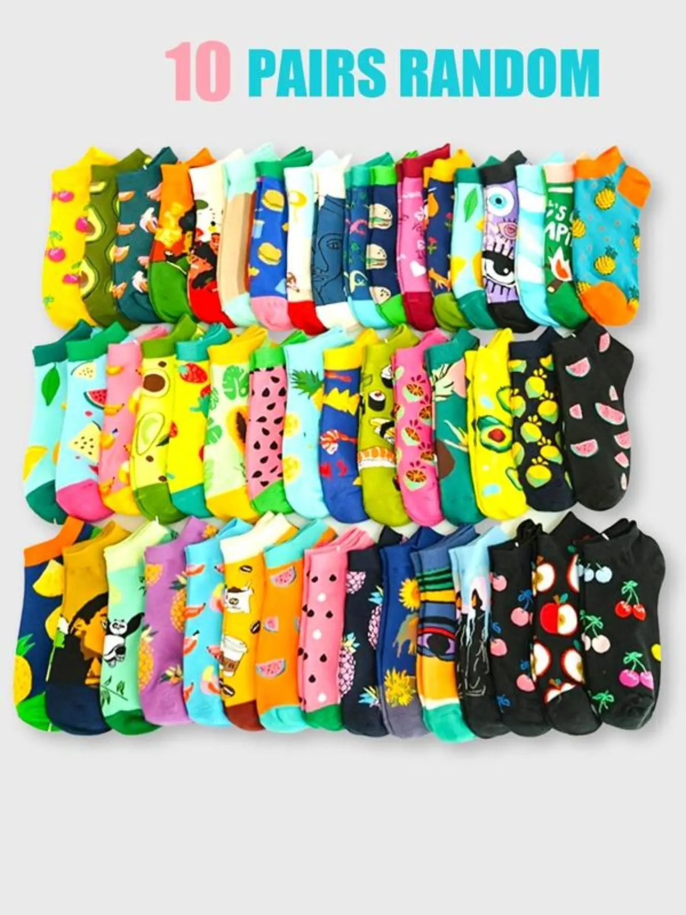 10 Pairs Girls' Socks, Floral Pattern, Colorful Fruit Design, Strawberry Low Top Crew Socks, Knitted Socks, Summer Thin, Comfortable Soft, Casual Daily Wear, Teen Socks