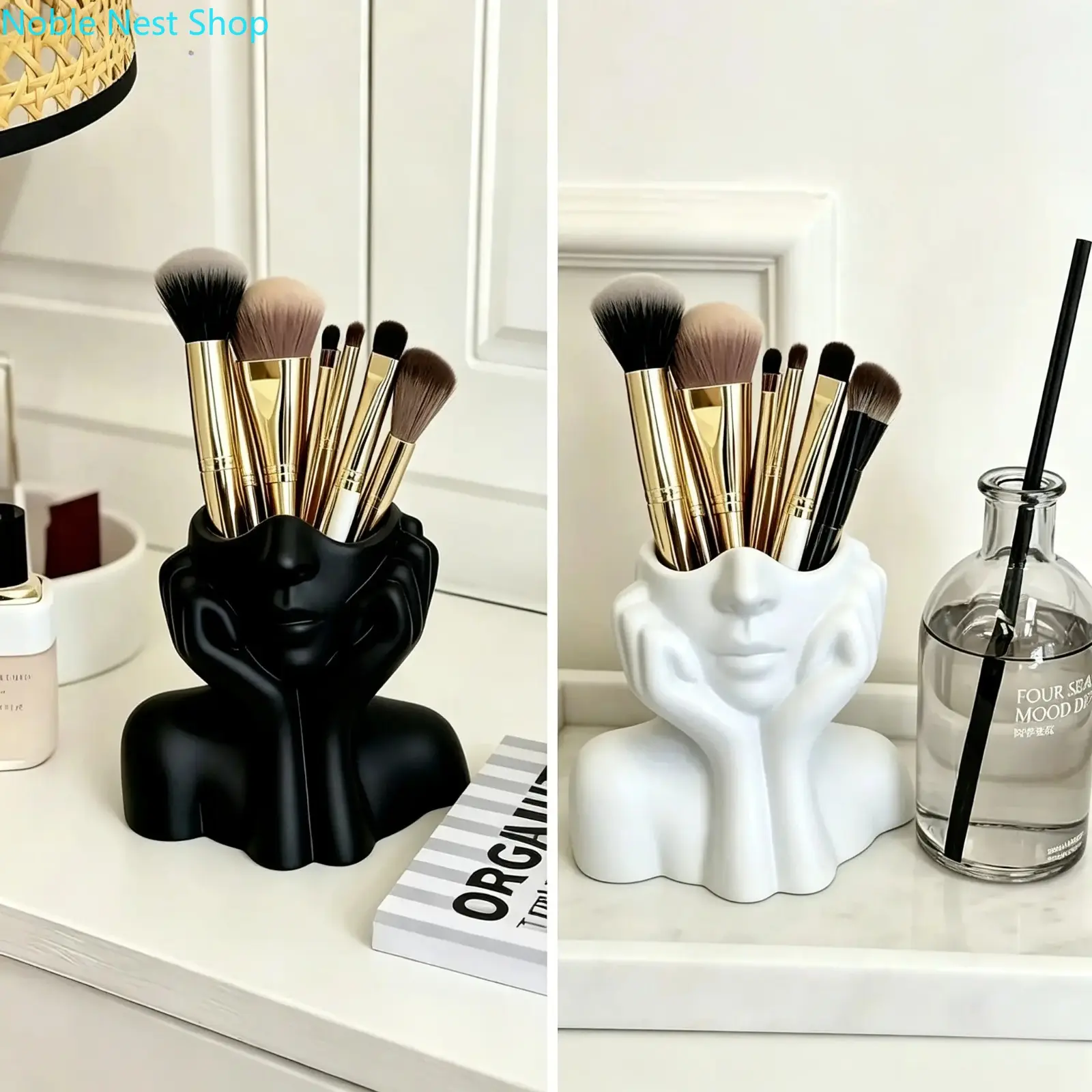 2PC Cute Face-Shaped Makeup Organizer Box, Plastic Vanity Brush Holder for Cosmetics Skincare Dressing Table Decor