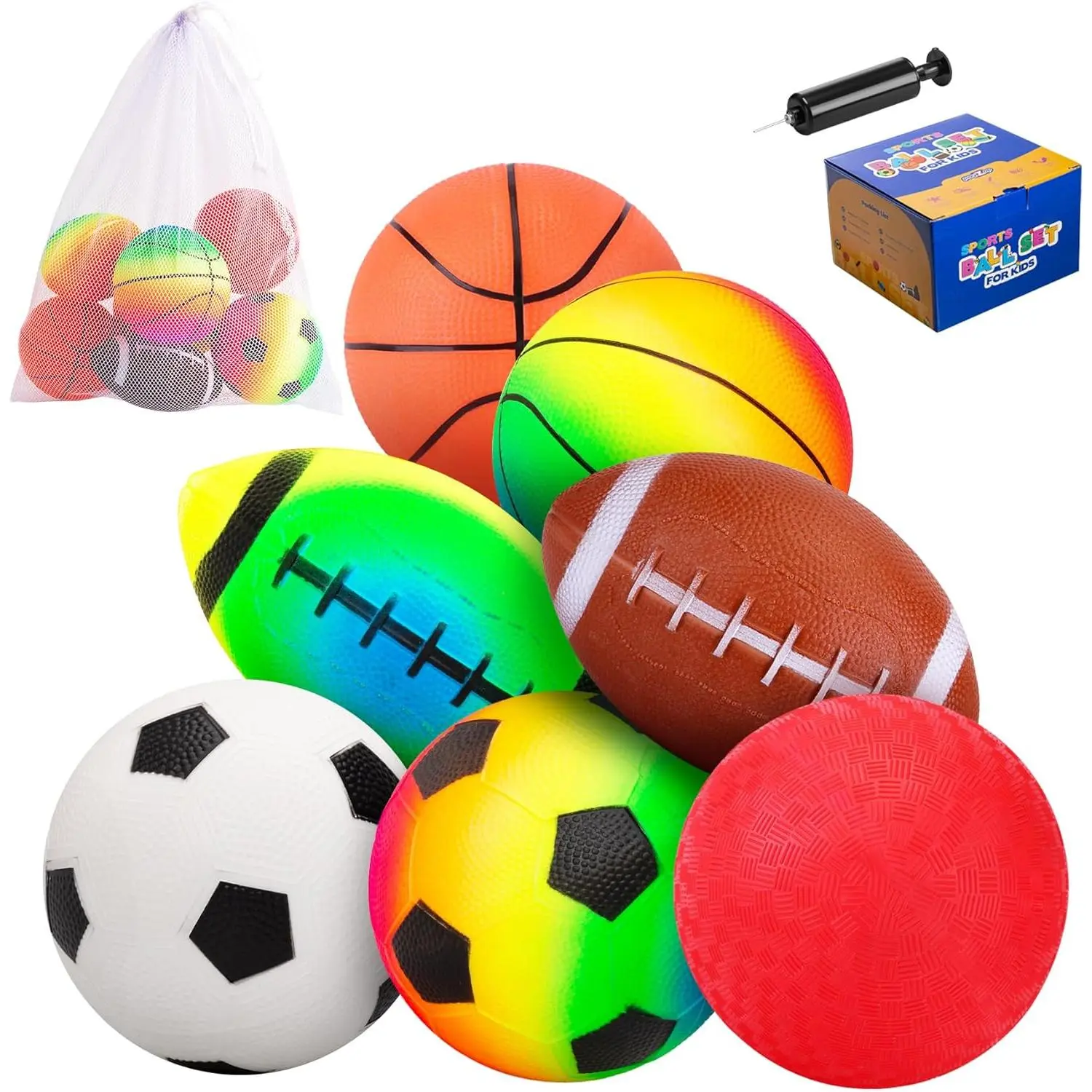 7-Pack 5-Inch Rubber Safe Soft Round Rainbow Colors Toy Balls for Toddlers - Playground Sport Fun Balls (Soccer, Football, Basketball), Basic Motor Skills Development, Ideal for Home, Birthday Gifts, 1-3 Years, 5 (7 Pack)