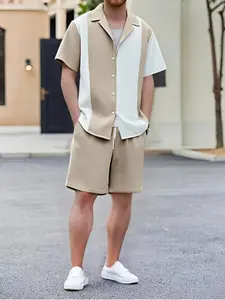 Two-Piece Colorblock Waffle Cuban Collar Short Sleeve Shirt and Shorts Set, Breathable Double Grid Fabric, Textured Design, Daily Commute Wear