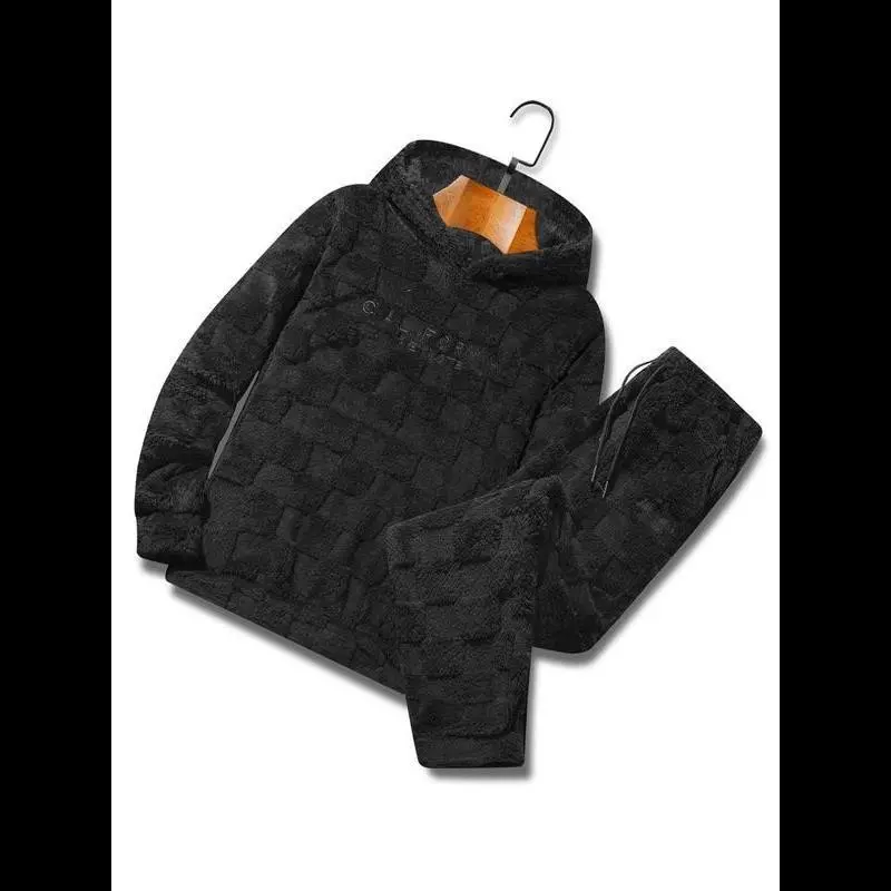 Two-piece Set Men's Thermal Lined Letter Embroidery Hoodie & Pocket Drawstring Waist Pants, Loose Cozy Long Sleeve Hooded Sweatshirt & Trousers for Fall & Winter, Men's Two-piece Outfits