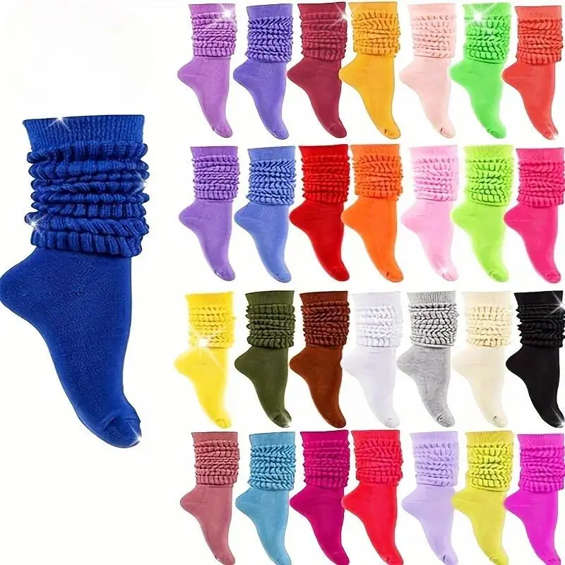 Women's Basic Soft Cotton Lady Socks - 3/6/9-Pair Mixed Color Slouch Scrunch Fold-Over Mid-Calf Crew Socks, All-Season Machine-Wash, Daily & Casual Wear (6 Pairs)