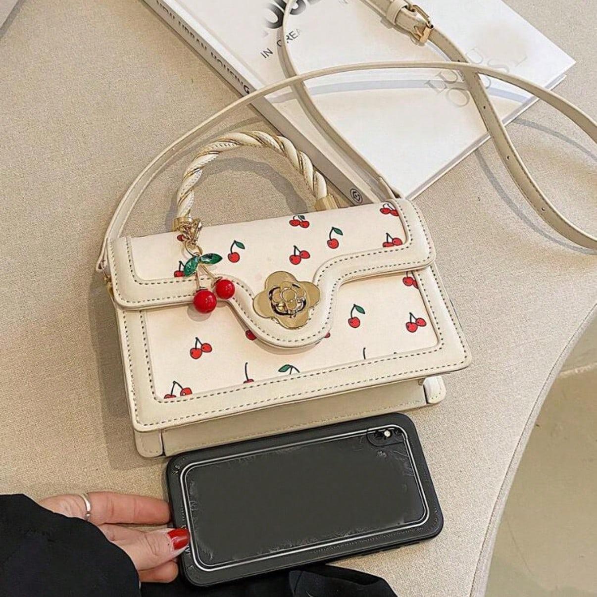 Fashionable High-End Pu Handbag Crossbodybag for Woman, Tote Bag With Versatile Square Shape Cute Cherry Print Shoulderbag, Perfect For Shopping, Dating Or CrossBody For Girls Send Scarf.