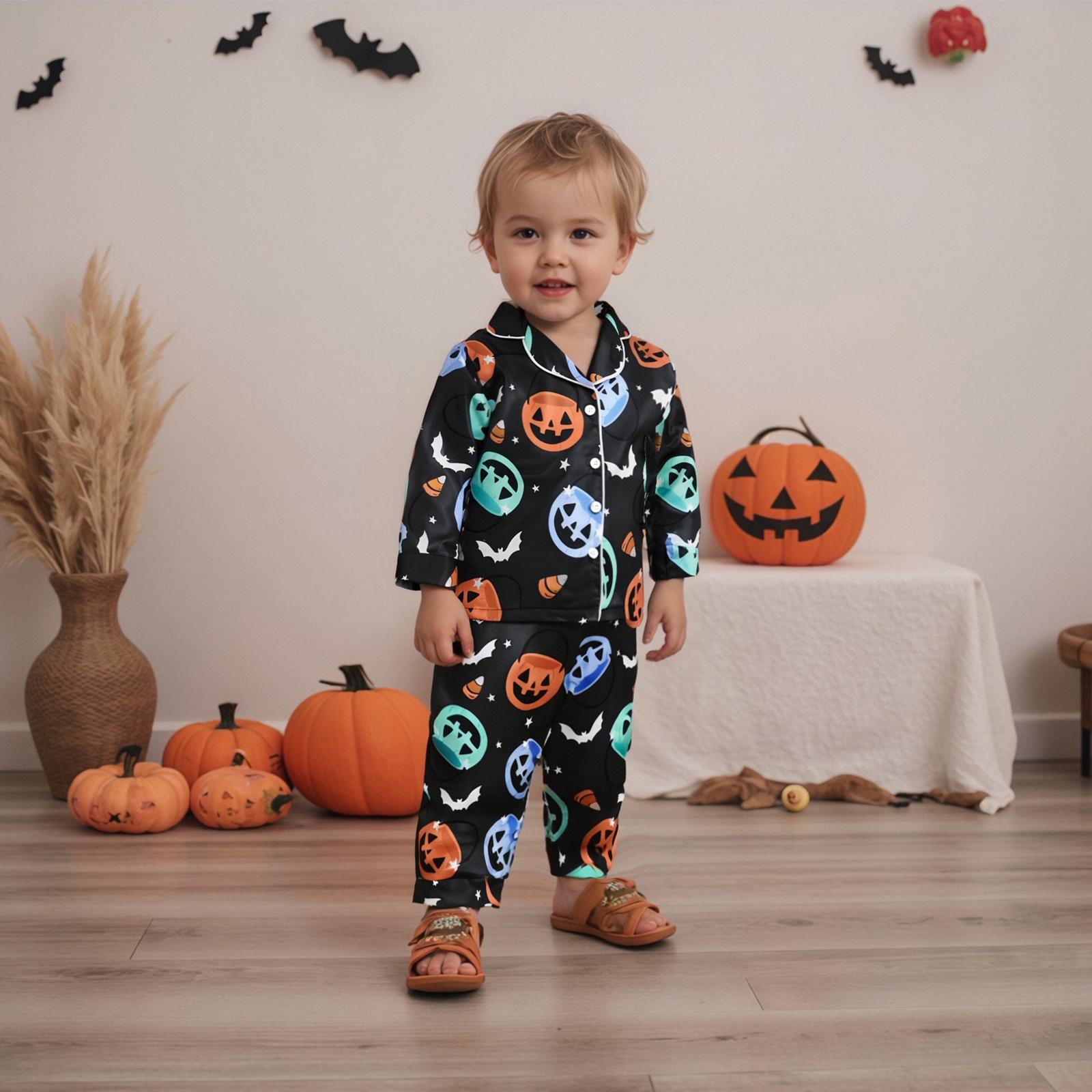 Kids Toddler Boys Girls Halloween Satin Pajamas Set Pumpkin Print Button Up Shirt Elastic Pants Silk Pajama Sets Sleepwear