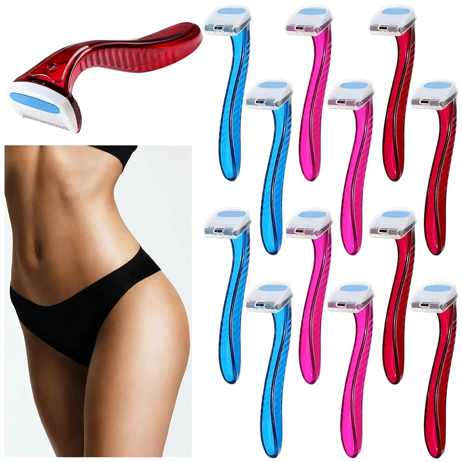 Women's Disposable Bikini Razors (12 Pcs) - Small Size T-Type Body Care Razors, Durable Travel Pubic Hair Trimmer Shaver, Beauty Cosmetic Tool (Dark Blue, Rosy, Dark Pink), Hair Removal