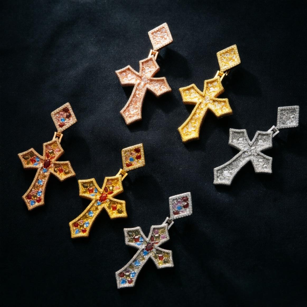 5A+ Sri Lanka Colorful Moissanite Rhomboid Gothic Cross Pendant With Necklace, Miami Italy Mexico & Micro Inspired for Women & Men, Luxury Jewelry, Daily Wear, Casual Fashion, Gift, Classic Hip Hop Simple Sporty