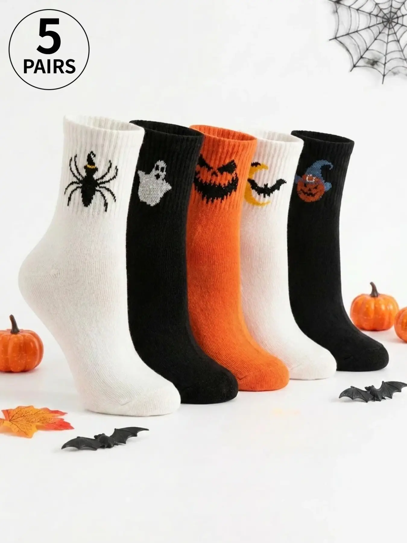 5-Pair Set of Halloween-Themed Short Socks and Knee-Highs: Pumpkins, Ghosts, Spiders, Bats, and Wizards; Black, White, and Orange Color Scheme; Holiday Party Socks; Unisex