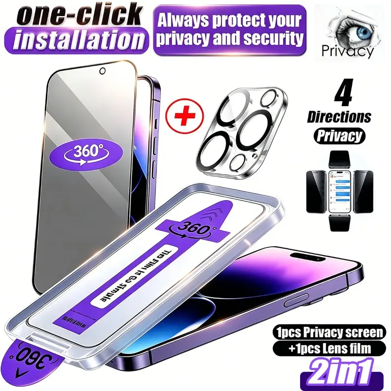 2-in-1 (1 piece of 360° dust-proof anti-peep film + 1 piece of silk-printed lens film), 360° anti-peep screen protector, full-coverage privacy protection screen protector for iPhone  iphone11 12 13 14 15 16 17Pro Max