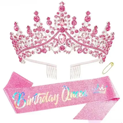 Unisex 2-Piece Elegant Vintage Baroque Rhinestone Birthday Queen Tiara & Sash Set - Adjustable Stainless Steel Pin Headband, Gentle Glow, Lightweight, One Size, Glamorous Fashion Accessory Set for Sweet 16 Parties, 2 Pieces