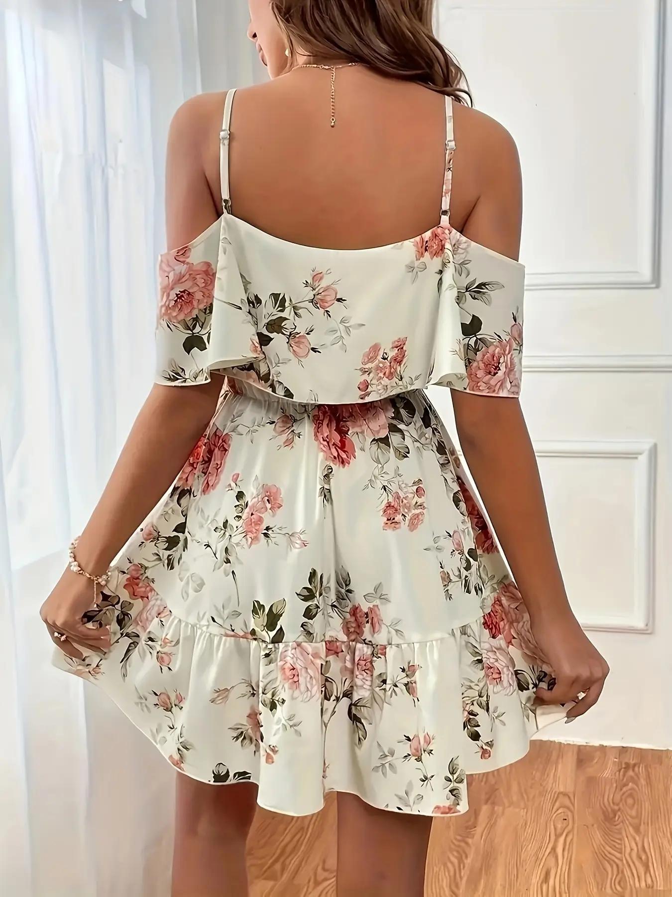 Women's Summer Casual Fashion Backless Strapless Ditsy Floral Dress, Boho Vacation Style Slimming Fit, Short Sleeve Fitted Dress
