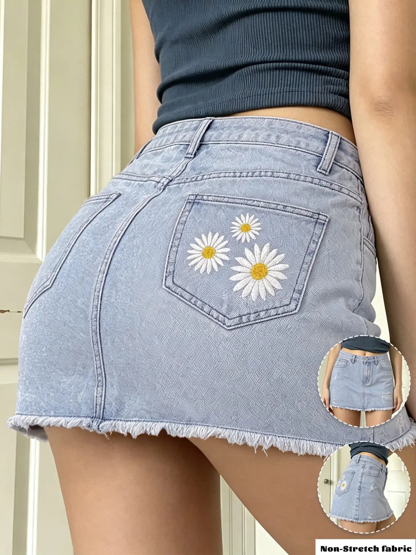 Lkuily Women's Light Wash High Waist Ripped Frayed Denim Mini Skirt, Back Pocket Daisy Embroidery A-Line Skirt, Denim Bottoms For Summer Travel, Date & Casual Daily Wear