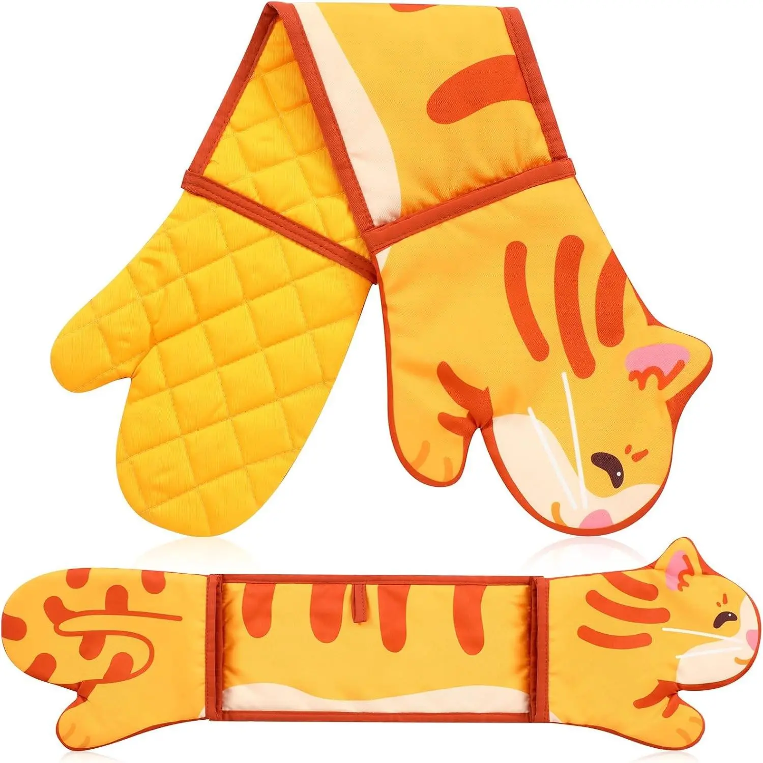 Orange Cat Double Oven Mitt, Cute Funny Connected Heat Resistant Cotton Oven Gloves for Baking Cooking Grilling, Kitchen Accessories Gift for Cats Lovers