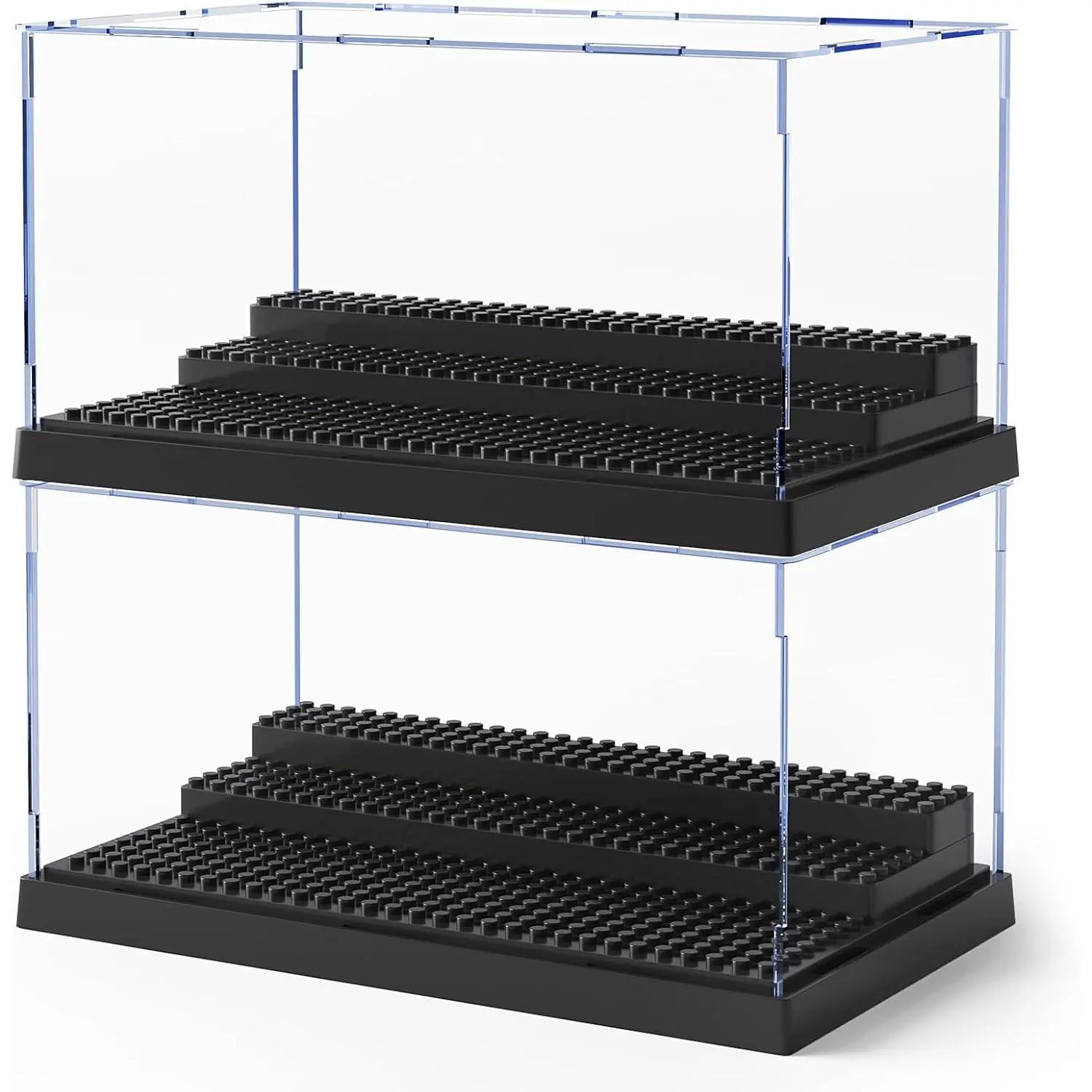 2 Pack Minifigure Display Case for Action Figures Blocks, Clear Dustproof Acrylic Display Box Storage with 3 Movable Steps, Great Gift for Children, Black