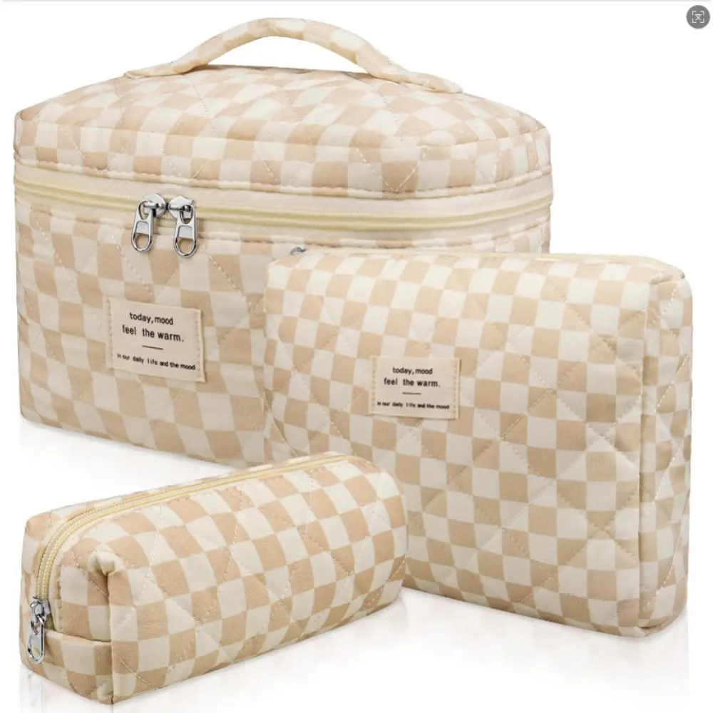 3-Pack Checkerboard Makeup Bag Set, Large-Capacity Handheld Cosmetic Pouches, Stackable Zipper Organizers for Travel & Vanity Organization