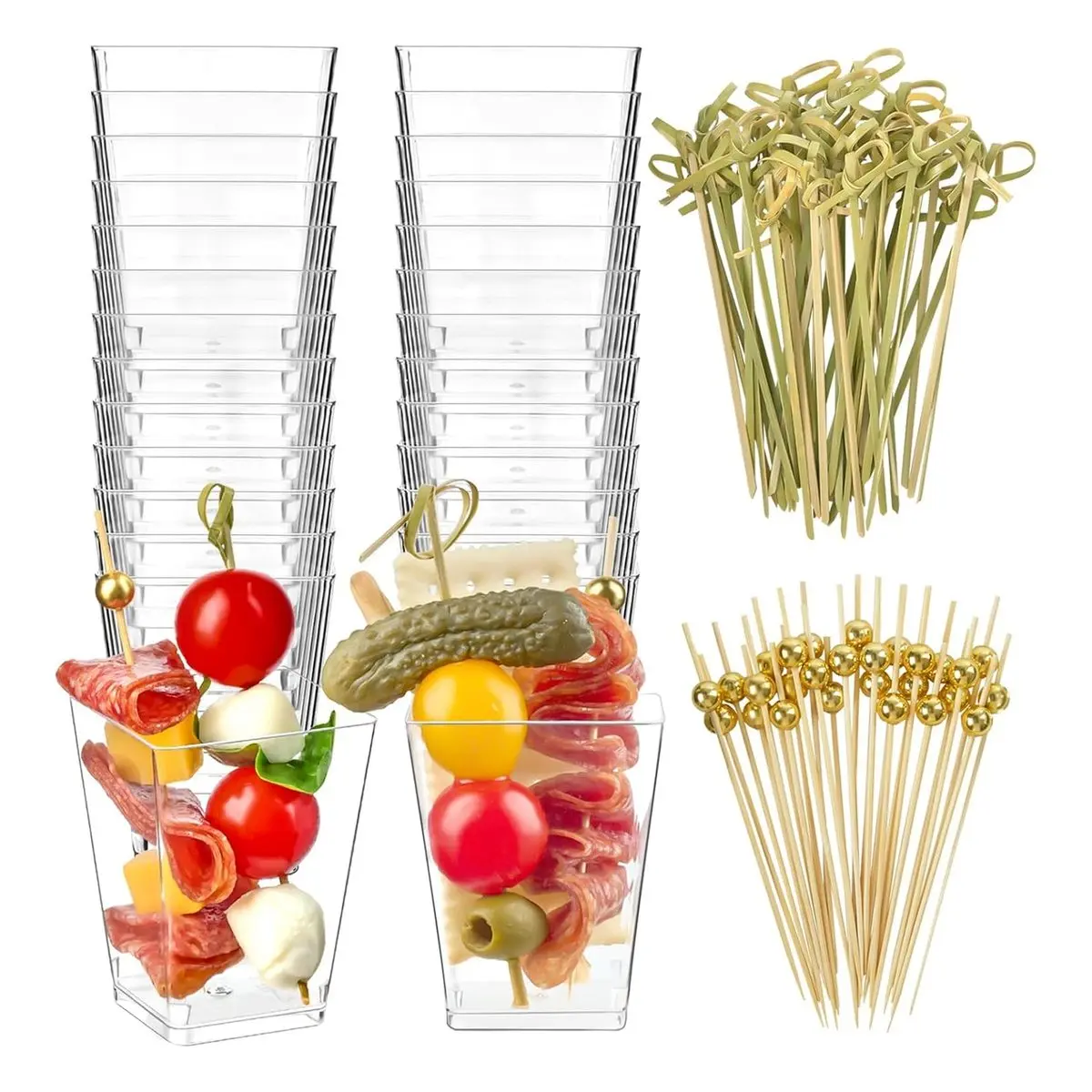 5oz Disposable Square Plastic Charcuterie Set (5 Oz / 50 Cups + 100 Sticks) - BPA-Free Mini Fruit Serving Cups with Cocktail Picks (1.5x2.3x3 Inches) for Wedding Bridal Showers Party Use (Home & Festive Disposable Tableware), Birthday