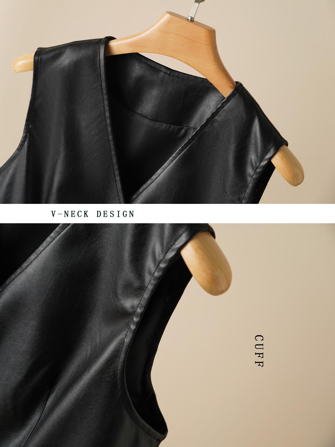 Women's PU Leather Vest Top, Single Button Front, Sleeveless V Neck, Casual Fitted Style, Spring & Fall Fashion, Moderate Fabric Thickness, Casual Comfy Vests