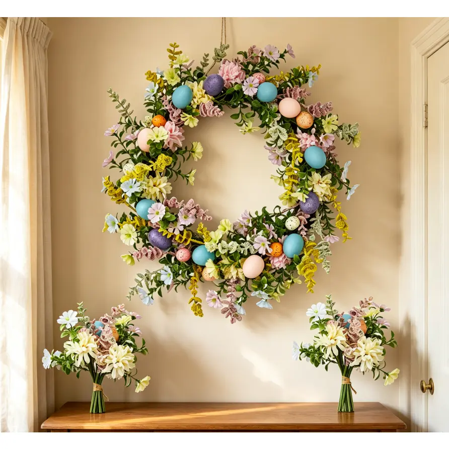 24" Easter Door Wreath with Egg Accents & 2 Artificial Bouquets – Faux Spring Tulips, Woven Rattan Frame, Reusable Holiday Front Door Decor