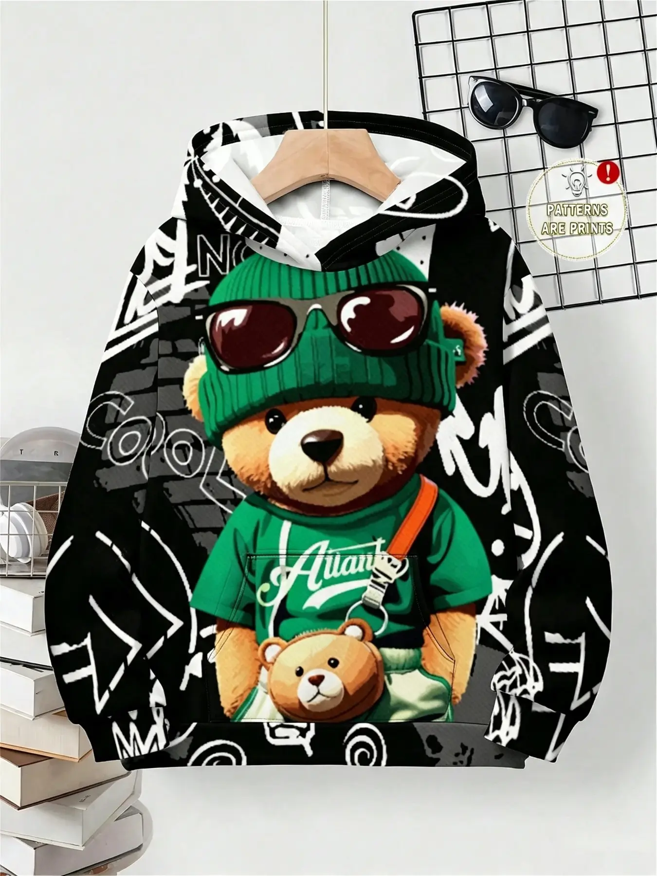 Cool Bear Print Hoodie, Street Graffiti Full Print Cartoon Bear Sweatshirt, Comfortable Breathable Fabric, Casual Loose Fit