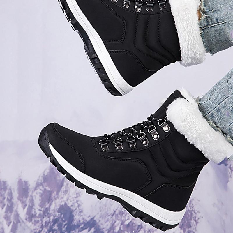 Women's Winter Snow Boots Waterproof Leather Faux Fur Lined Lace Up Ankle Booties Black Casual Warm Lightweight Anti-Slip Rubber Outsole Padded Soft Stylish Walking Shoes for Snowy Days Footwear White