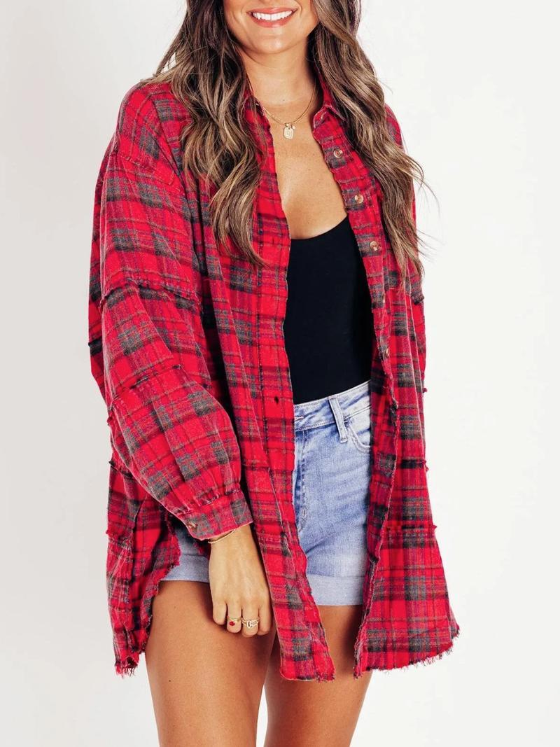 Women's Autumn and Winter New Frayed Lantern Sleeve Loose Button Plaid Shirt Top Womenswear