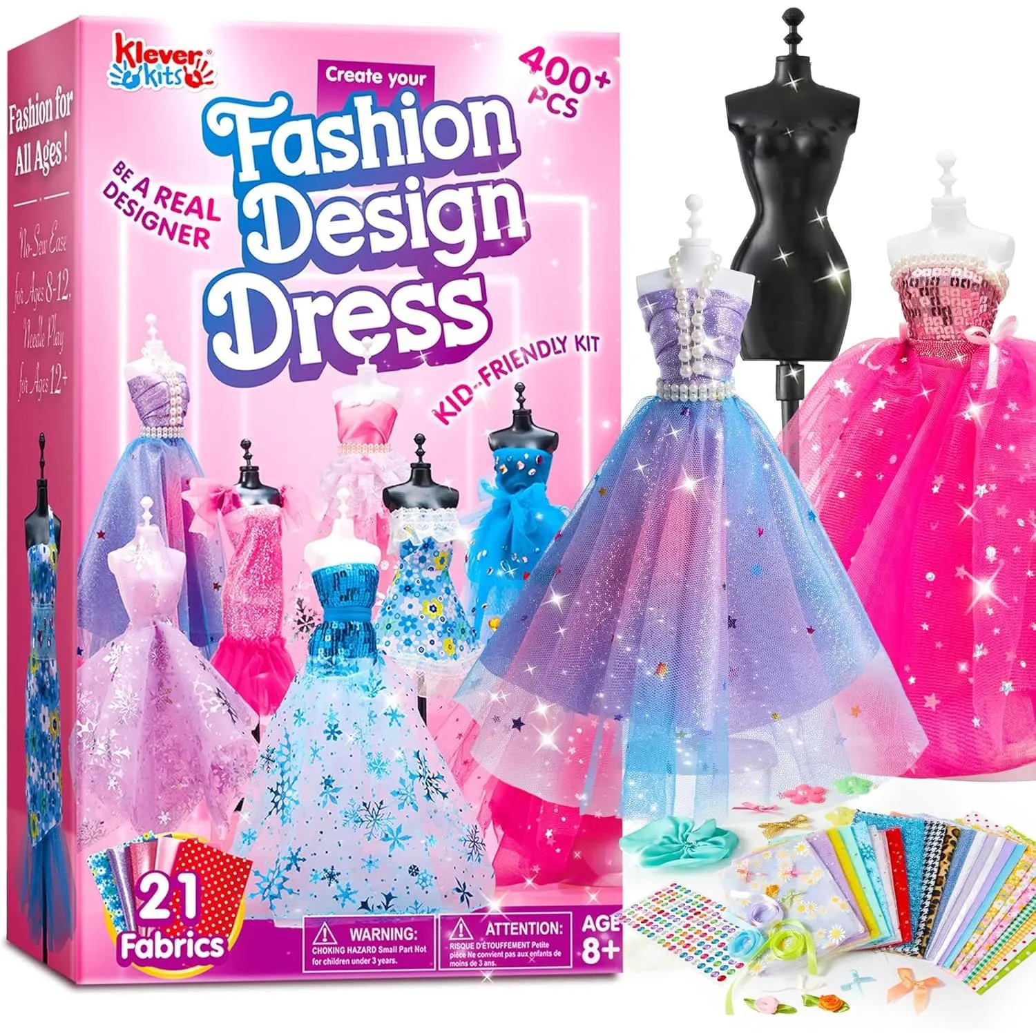 Klever Kits 400+PCS Fashion Design Crafts for Kids, Art and Crafts, DIY Sewing Kits with 3 Mannequins for Girls Aged 8-12, Birthday Presents, Toys for Kids
