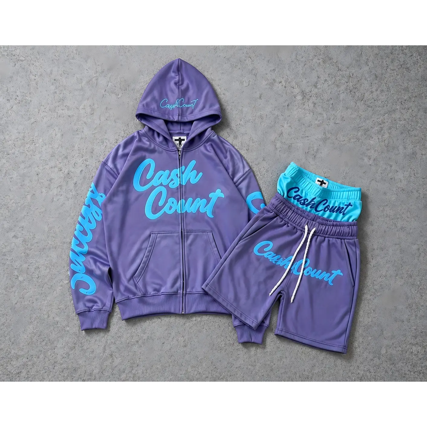 Retro Script Letter Print Zip‑Up Hoodie Short Tracksuit, Casual 2‑Piece Street Outfit for Men