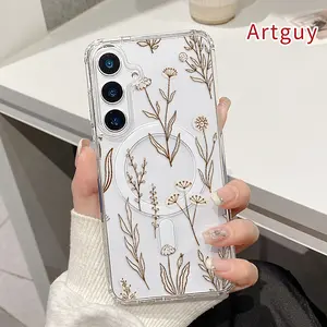 Magnetic Soft Case for  Samsung Galaxy S26 Edge S23 Ultra S24 Plus FE S25 S22+ Botanical Whimsy Tapestry Pattern Anti-Yellowing Shockproof ultra-thin Silicone Crystal Transparent Acrylic Large Hole Cover Supports Wireless Charging