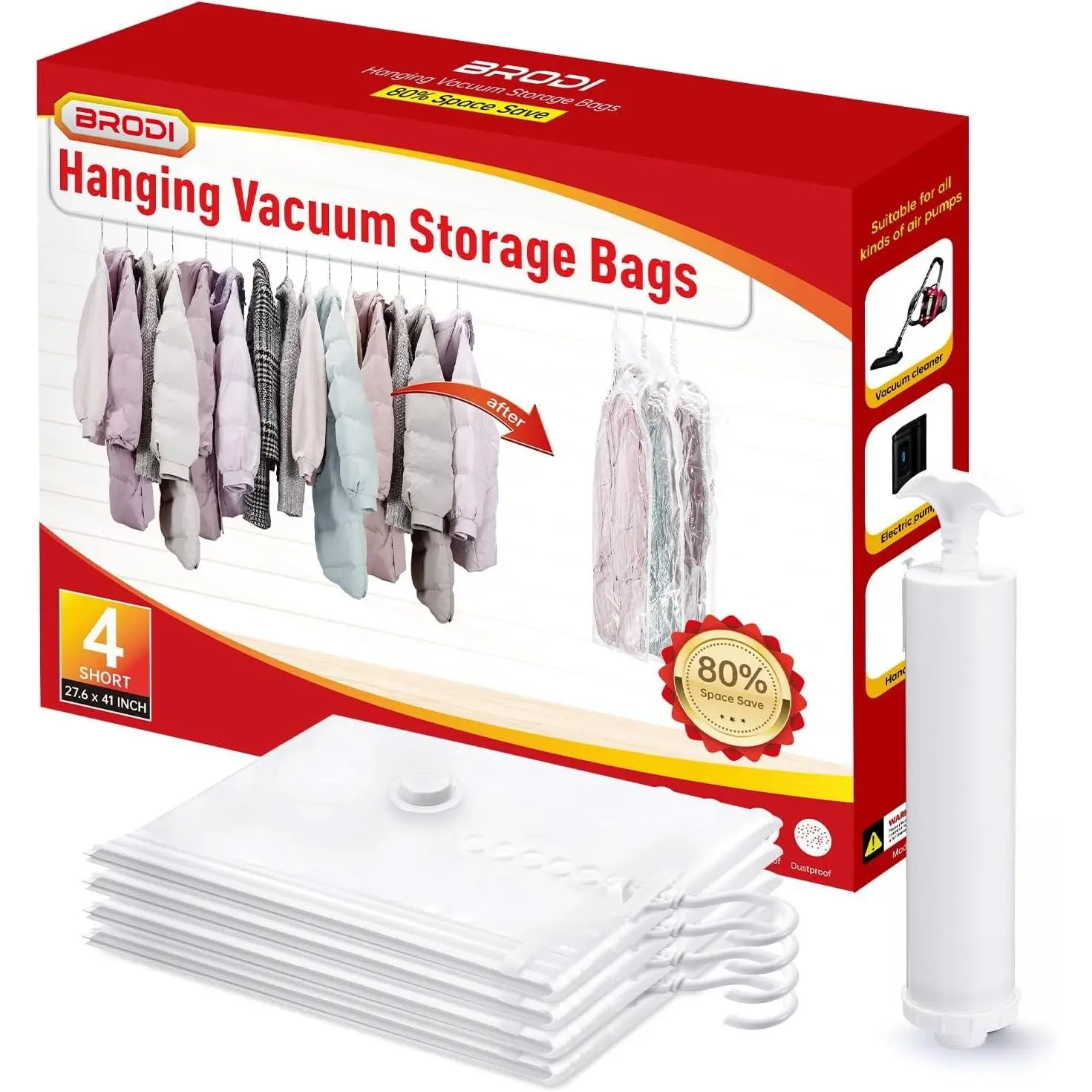 Hanging Vacuum Storage Bags For Clothes With Hand Pump,Coat Storage Bag Hanging,Vacuum Bags For Clothes,Space Saver Vacuum Storage Bags,Garment, Clothing, Dress, Suit, Long Coat, Jacket(Short 4 Pack）