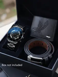 Men's Quartz Watch Gift Set, Zinc Alloy Strap, Eagle Pattern PU Wallet, Auto Buckle Belt, Fashion Business Accessories