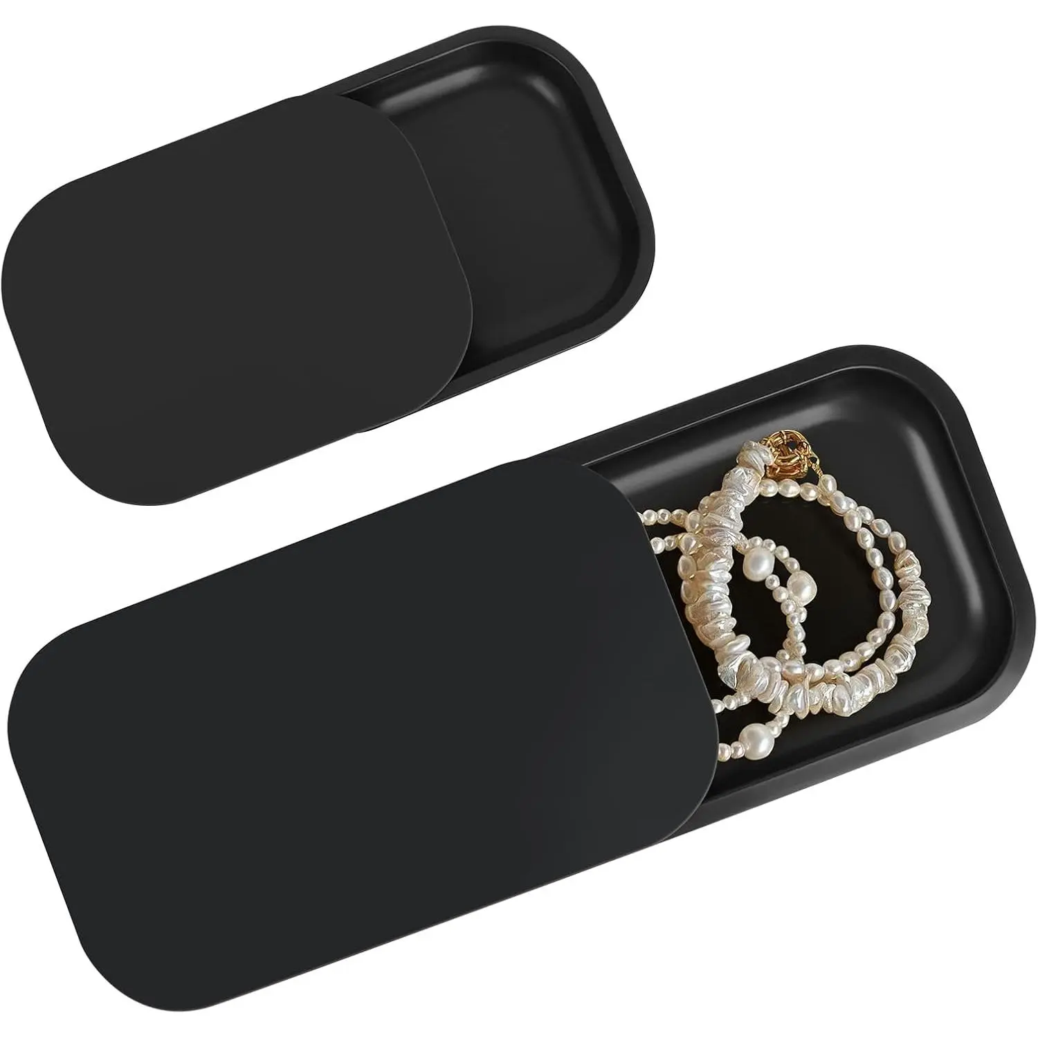 2 Pack Metal Tray with Magnetic Lid, 11 Inch 7 Inch Decorative Trays with 0.6 Inch Depth, Portable Metallic Tray for Jewelry, Sewing, Crafting, Light Travel, Home Decor, Matt Black