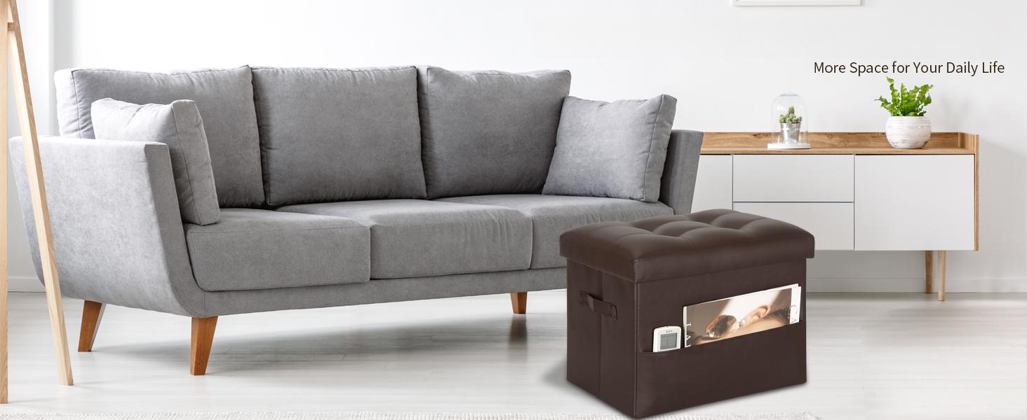 Storage Ottoman Foot Rest Stool, Foldable Leather Footstool Storage Bench with Thicker Foam Padded Seat. Foot Rest Under Desk for Living Room Bedroom 350 lbs, 17x13x13 in, Brown