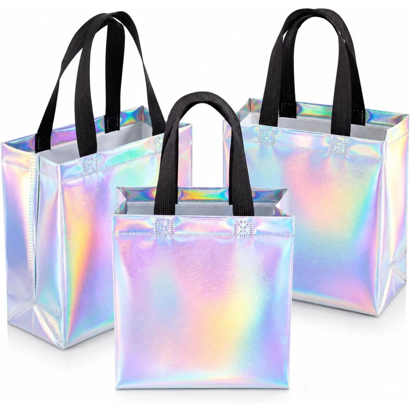 30 count Holographic Party Favor Bags,Iridescent  Tote  Bag,Medium | 8 x 4 x 10 Inch,Non-Woven,with Extra Cardboard Base,Sturdy for ,Bithday,Wedding,Bachelorette Party,Bridal Shower