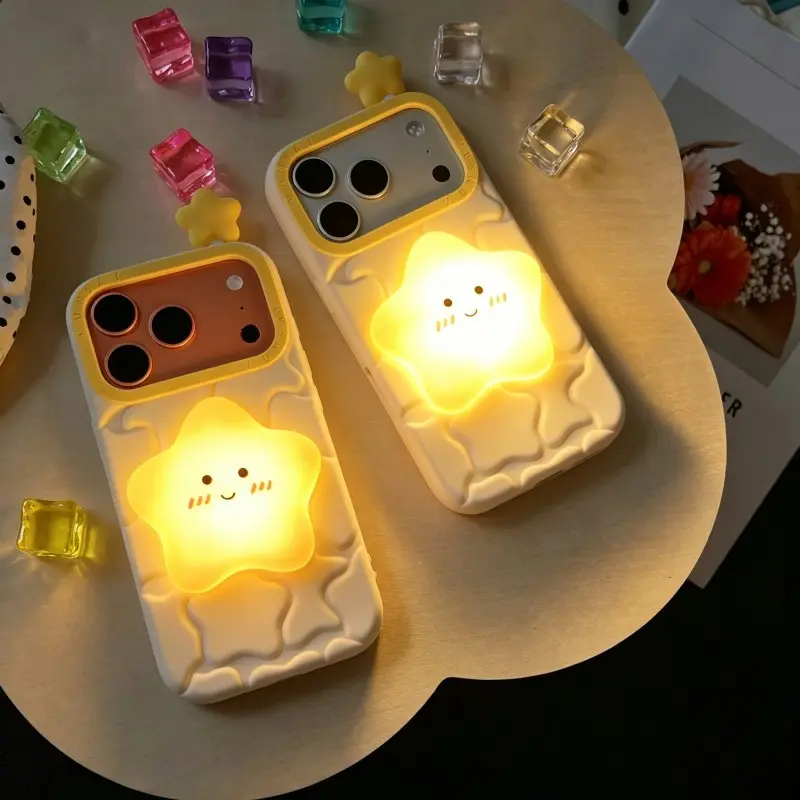 Cute 3D Tap Activated Glowing Star Night Light Phone Case for iPhone 17/16/15/14/Pro Max, Soft Cloud Textured Silicone Shockproof Protective Cover, Kawaii Blush Smile Luminous Star Lamp Aesthetic Girly Trendy Accessory, Portable Mini Star Night Light Phon