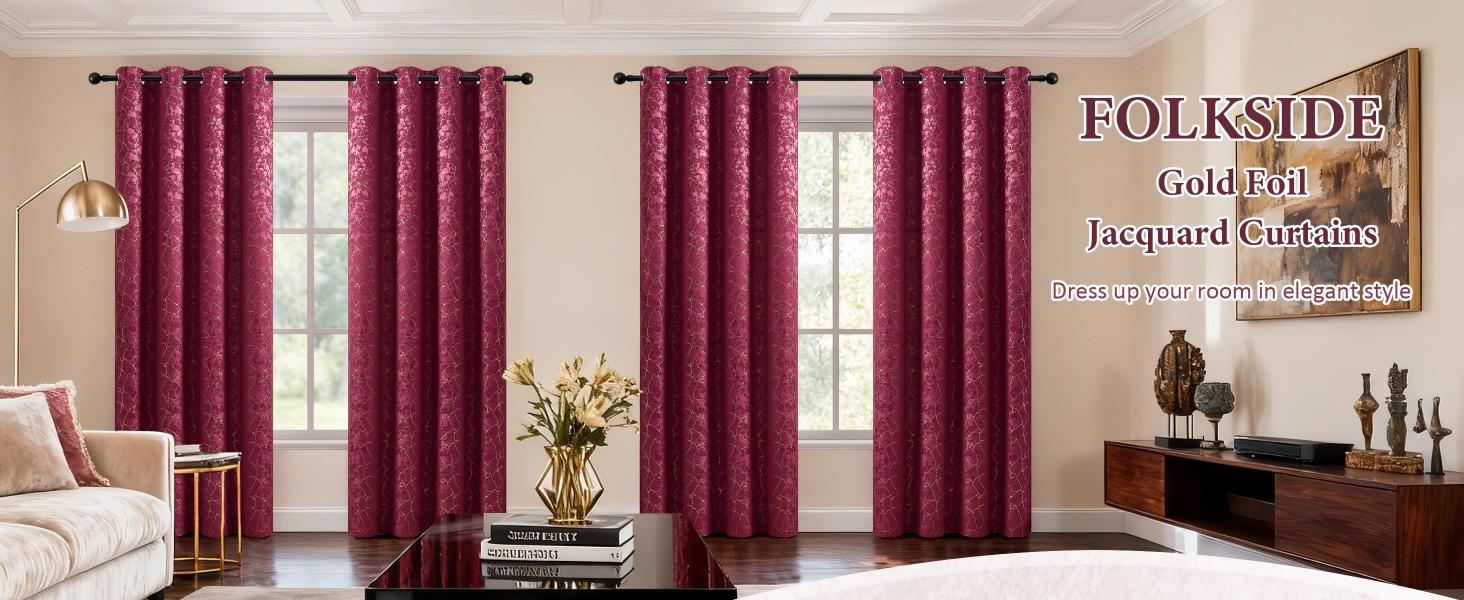 Burgundy Curtains 84 Inches Long 2 Panels Maroon Curtains Room Darkening Drapes Gold Grommet Victorian Marble Textured Window Treatment for Living Room Bedroom, 52x84