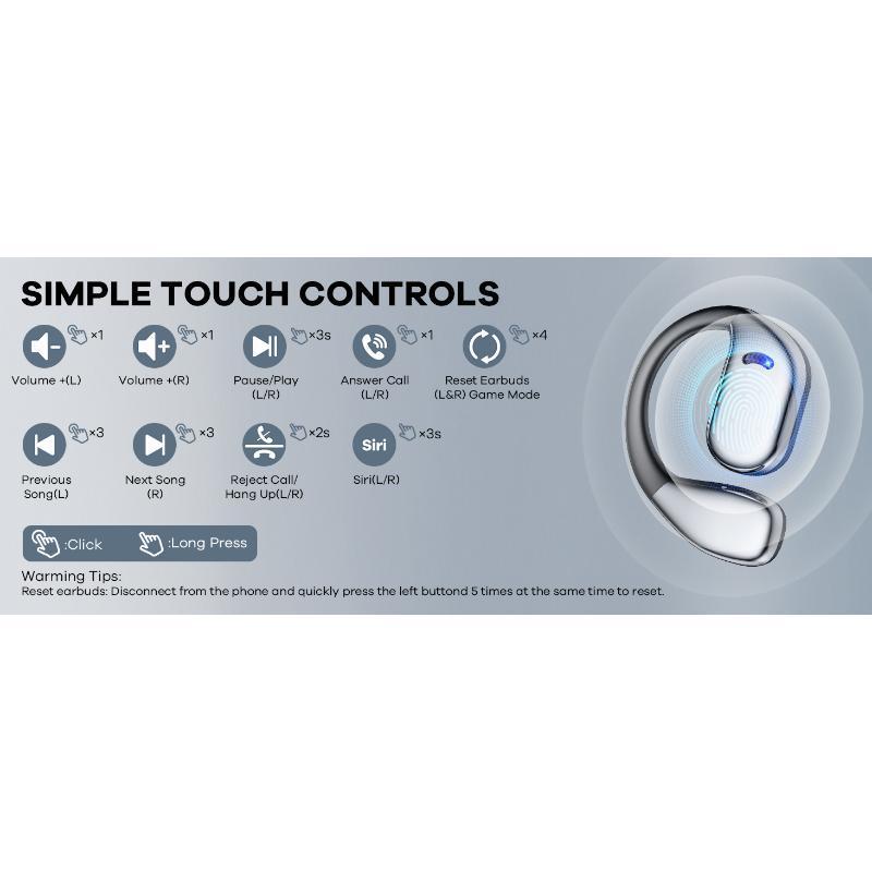 Open Ear Headphones Wireless Bluetooth, 60hrs Play 8D Sound Earphone Sport Earbuds with LED Display Over-Ear Buds Earhooks Built-in Mic Headset for Running Workout Driving