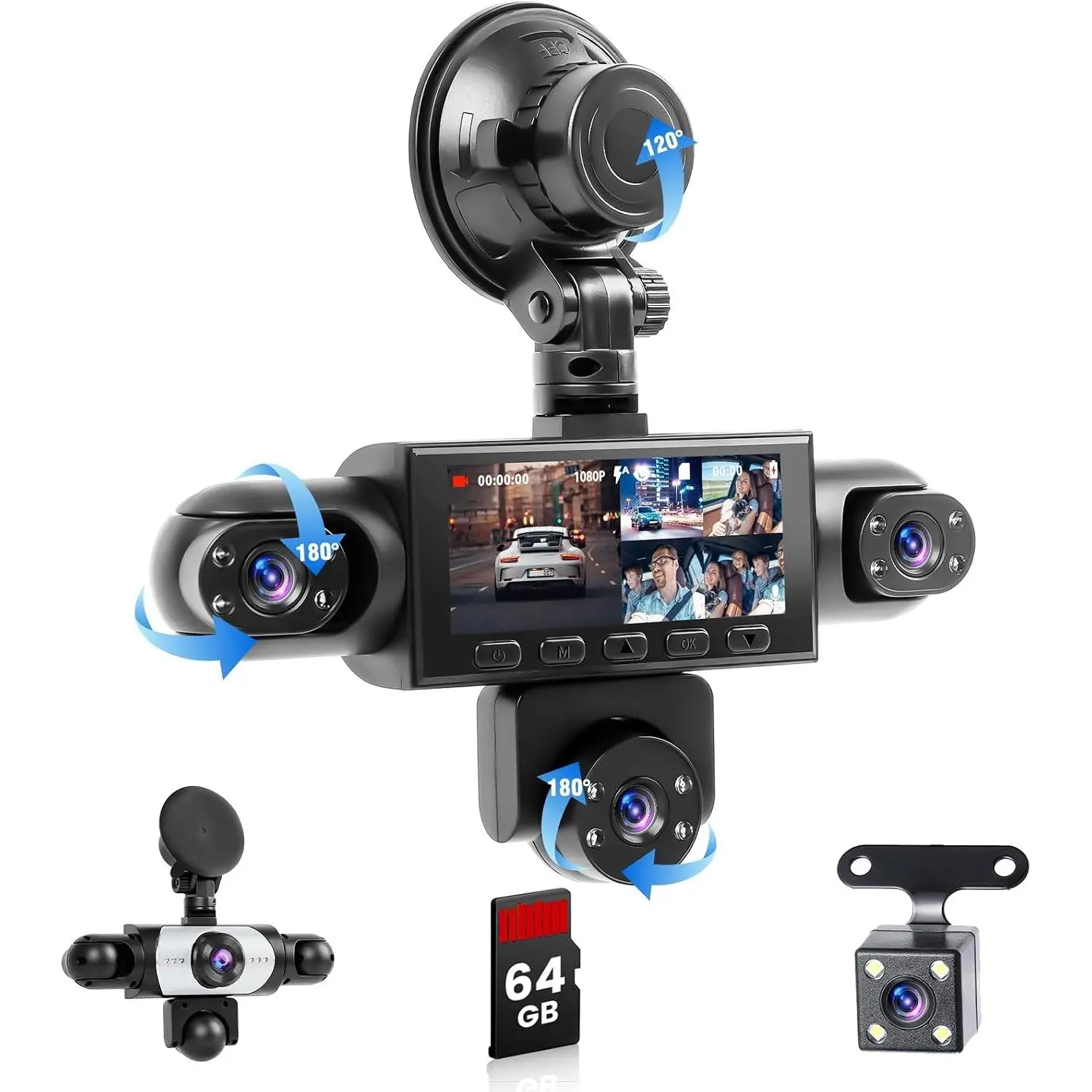 5 Channel Dash Cam 360° View, DashCam Front and Rear Left Right Inside Camera for Cars, 64G TF Card, Loop Recording, G-Sensor,Reversing Display