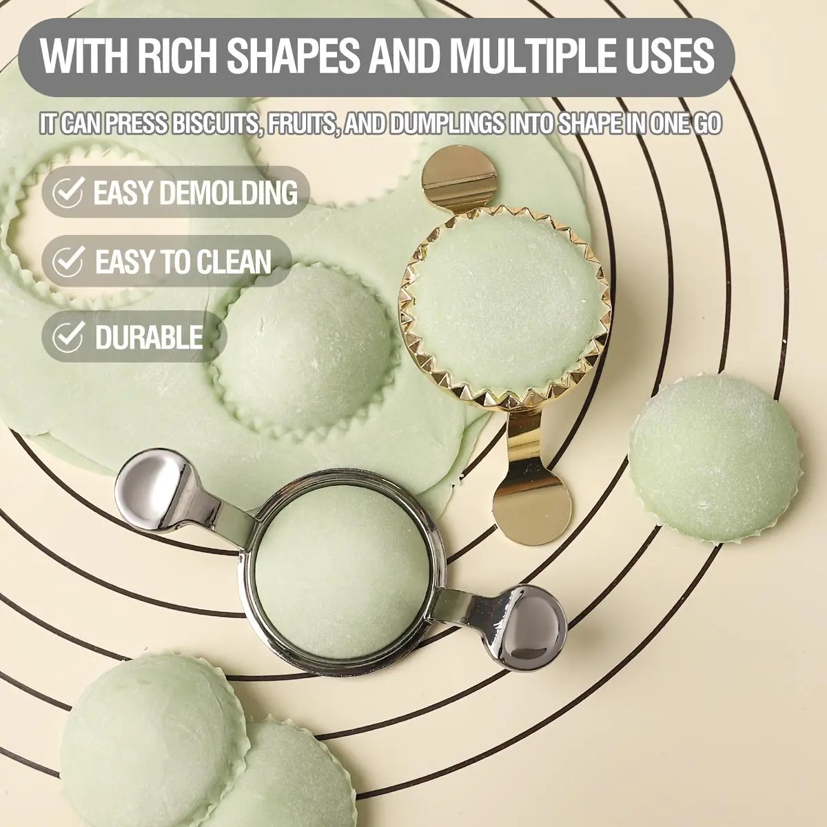 1pc Zinc Alloy Round Dumpling Mold with Two Handles, Home Baking Cookie Mold, Fruit Shaping Cutter, Dumpling Edge Dough Press, for Parent-Child Parties, Silvery Golden, Home Kitchen Dining, Baking Supplies, Baking Tools, Cookie Mold
