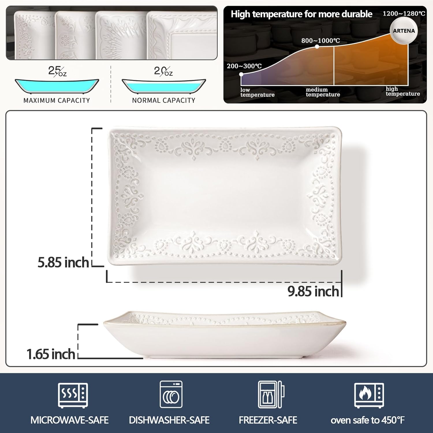 9.85" Ceramic Rectangle Plates Set of 4 - Deep Lipped Edges, Appetizer Salad Sushi Pasta Dessert Plates, Microwave/Oven Safe, Cute Kitchen Dinner Restaurant Serving Dishes (Multiple Patterns)