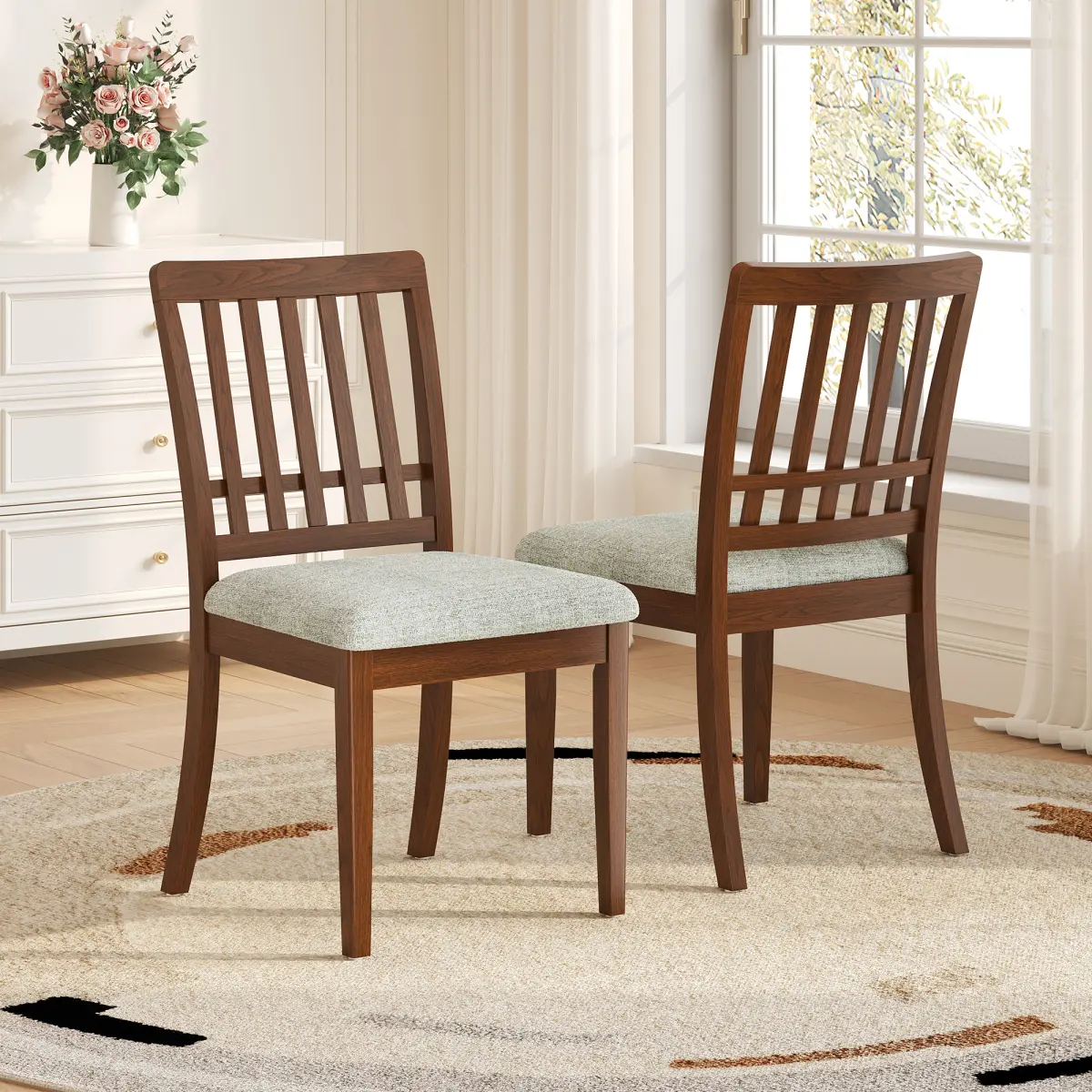 2-Piece Modern Scandinavian Dining Chairs, Curved Wood Backrest with Gray Fabric Seat, Finish for Dining Room and Apartment, Easy to Assembly
