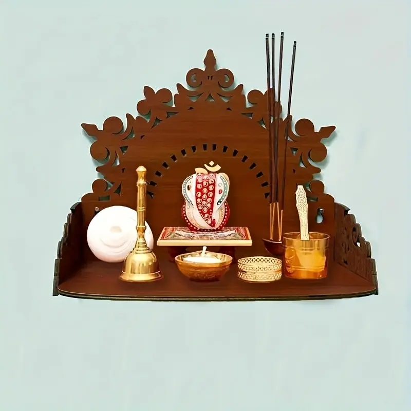 Wall-Mounted Indian Wooden Prayer Shrine, Small Hindu Altar for Home Office, Compact Wood Worship Shelf, Traditional Religious Decor Gift
