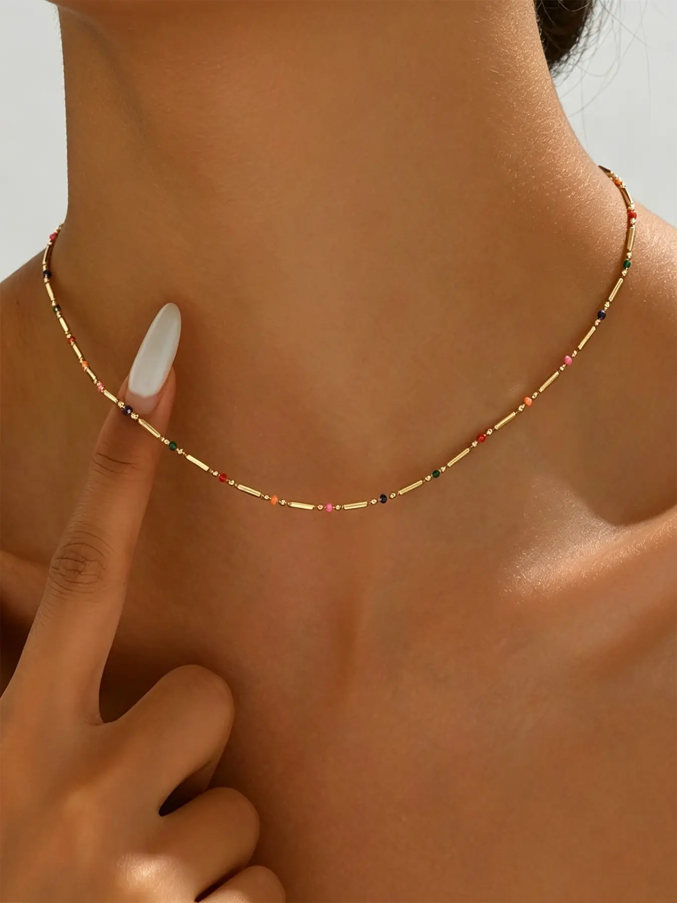 1 Piece Dainty Multicolor Beaded Choker Necklace, Thin Tube Chain Colorful Tiny Bead Clavicle Necklace, Minimalist Boho Style Daily Fashion Costume Jewelry For Women