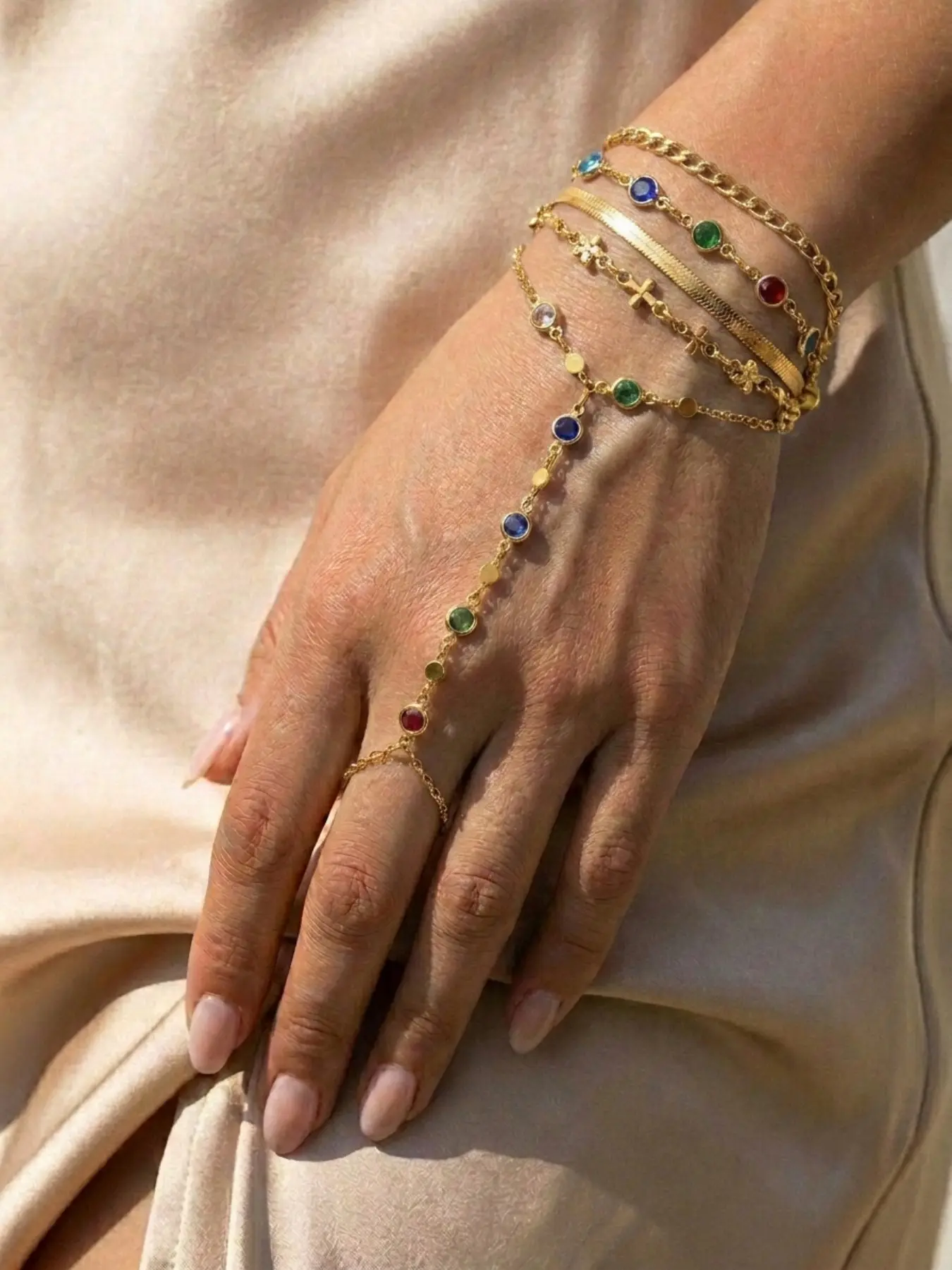 5-Piece Silver Color Jewelry Set, Sweet Cool Y2K Style, Interlocking Gemstone Bracelet, Cuban Link Chain, Cross Flower Chain, Snake Bone Flat Chain