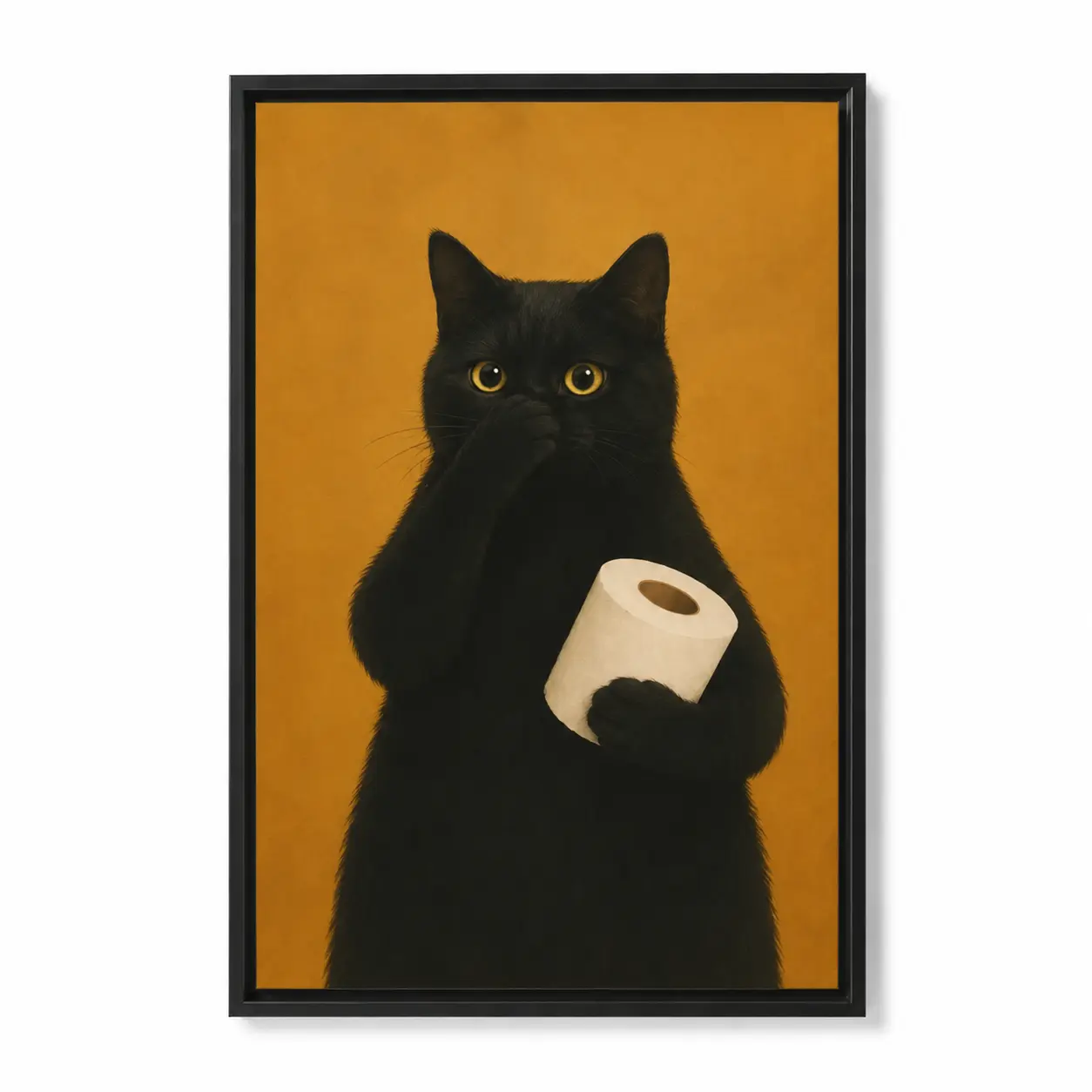 Funny Black Cat Framed Canvas Poster, Bathroom Cat Canvas Wall Art with Wooden Frame, Cute Toilet Paper Printed Wall Decor for Restroom Home