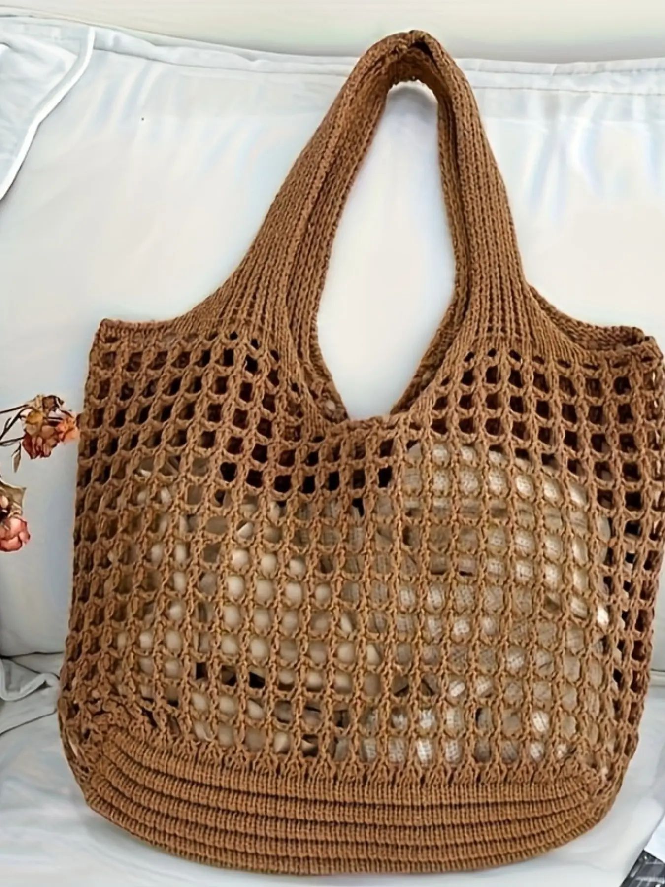 Minimalist Coffee Color Grid Hollow Out Knit Tote Bag, Soft Lightweight Large Capacity Mesh Shoulder Bag, Boho Work Bags, Versatile Accessory for Urban Streetwear, Open Hole Tote