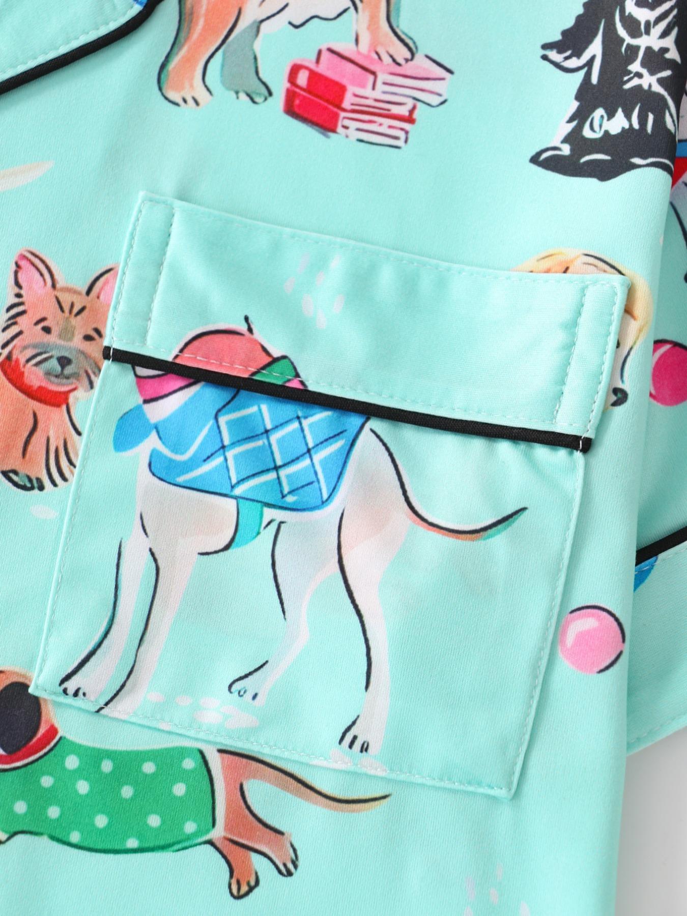 Women's Dog Print Top & Shorts Pajama Two-piece Set, Casual Comfy Short Sleeve Top & Shorts Pajama Set, Ladies Sleepwear for All Seasons, Loungewear, Womenswear, Sleep Pajamas Shorts, Cozy Loungewear