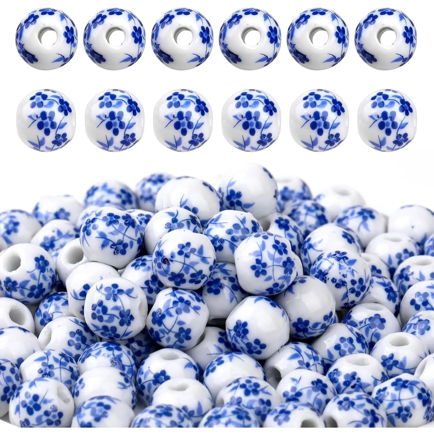 100 count 10mm Porcelain Beads for  Making Ceramic Beads Blue Flower Round Loose Bead Craft Beading for  DIY Crafts Bracelets Necklace